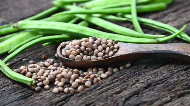 Cluster beans or gawar phali (guar) seed on wooden background, Cyamopsis tetragonoloba