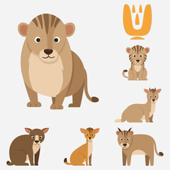 Set of cute cartoon animals in flat design style with lion and other animals