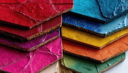 Vibrant, textured hexagon-shaped samples in various colors, stacked in a semi-circle, showcasing a range of hues and a unique, possibly handcrafted, surface