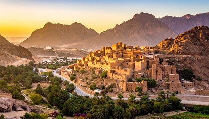 Obraz premium Ancient City nestled in Mountain Valley at Sunrise.