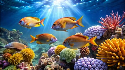 Naklejka premium Sunlit Ocean Depths Vibrant Reef Ecosystem with Colorful Fish and Coral