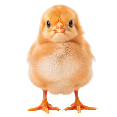 Adorable fluffy yellow chick standing against a white background