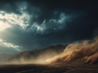 Dark clouds swirling over a desert landscape with dust being blown along the ground, creating an atmosphere of chaos and natural power in a dramatic environment.