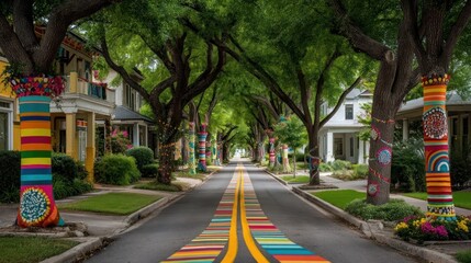 Obraz premium A vibrant street lined with colorful houses and trees adorned with knitted patterns, creating a cheerful and artistic neighborhood scene.