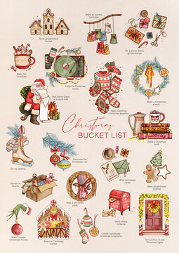 Christmas activities clip art. Christmas bucket list ilustrations. Hand drawn Christmas clip art. Christmas check list.