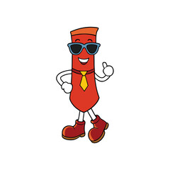 Cartoon red tie character wearing sunglasses and boots