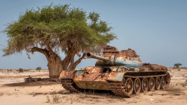 An old tank stands rusting beneath a tree in an arid desert. The surroundings are barren, highlighting the contrast between nature and man-made machinery
