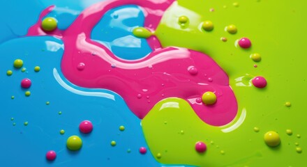 Bright neon pink, blue and green paint swirls with droplets