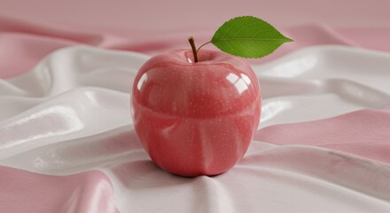 A single shiny pink apple with a green leaf on a silky background