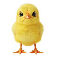Adorable fluffy yellow chick standing against a white background