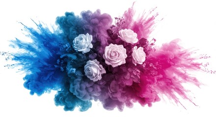 Pink and blue powder explosion with white roses isolated on white background