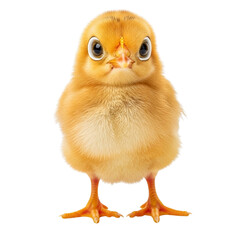 Adorable fluffy yellow chick with big curious eyes on a white background