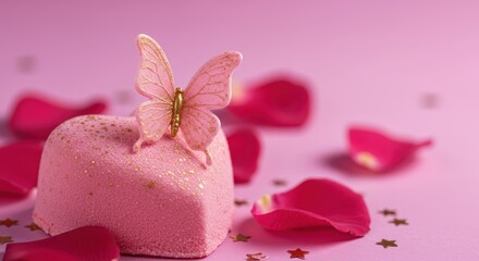 Pink heartshaped dessert with a butterfly and rose petals