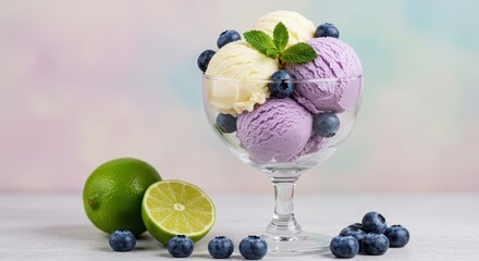 Delicious ice cream with blueberries and lime on a light background