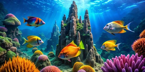 Naklejka premium Vibrant Reef Scene with Colorful Fish Swimming Amongst Towering Coral Formations and Lush Underwater Flora