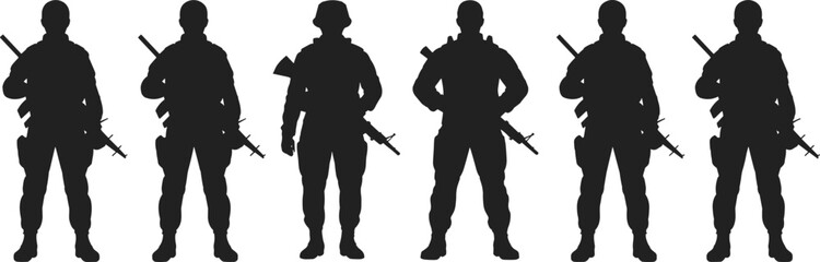 Silhouettes of Armed Soldiers in Tactical Gear, Military Rifle Formation, Combat Readiness, War Preparation, Defense Force, Black Background Contrast