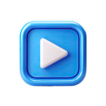 Glossy blue square button featuring a raised white play symbol; 3D rendered