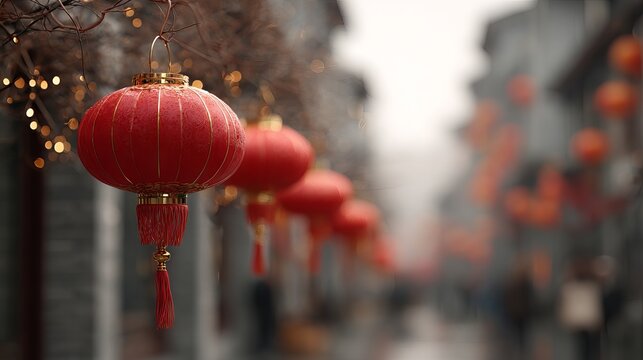 Chinese New Year festival with red lanterns glowing at night, cultural celebration close up, vibrant traditional decor, Spring Festival joy, festive lights, heritage street scene, holiday atmosphere