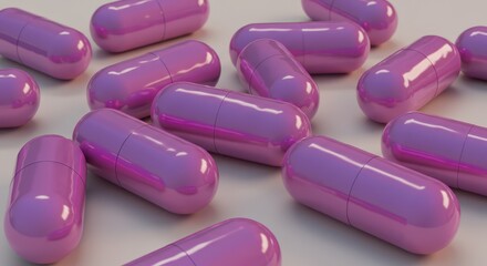 Scattered pink capsules on a neutral surface, closeup shot