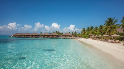 Tropical Beach Bungalows Over Clear Turquoise Water Paradise