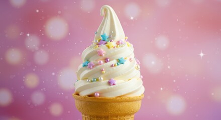 Soft serve ice cream cone with sprinkles on a pink bokeh background