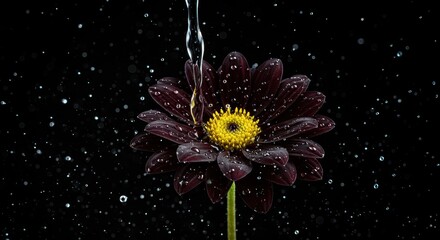 Dark purple flower with yellow center being watered against black background