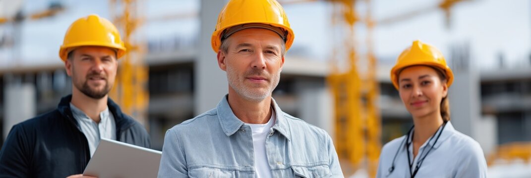 Diverse construction team with safety helmets at building site