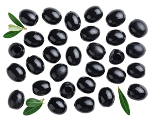 Black olives arranged in a pattern, with olive leaves