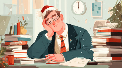 Stressed office worker Christmas hat exhausted desk paperwork holiday deadline pressure workplace burnout illustration