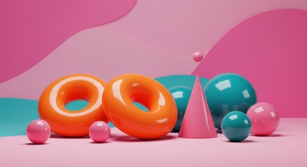 Abstract 3d shapes in pastel colors, pink and orange donuts, teal spheres
