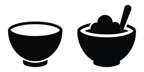 Bowl icon vector template illustration design. Minimal black silhouette of empty and full dining bowl for kitchen or restaurant designs.
