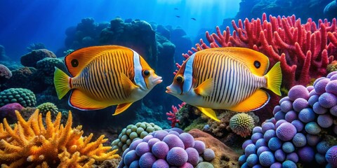 Fototapeta premium Vibrant Reef Inhabitants A Pair of Ornate Butterflyfish Engage in an Underwater Encounter Amidst a Tapestry of Colorful Corals