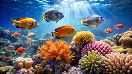 Vibrant Reef Ecosystem Sunlit Underwater Scene with Diverse Coral and Colorful Fish