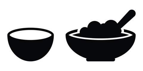 Bowl icon vector template illustration design. Minimal black silhouette of empty and full dining bowl for kitchen or restaurant designs.