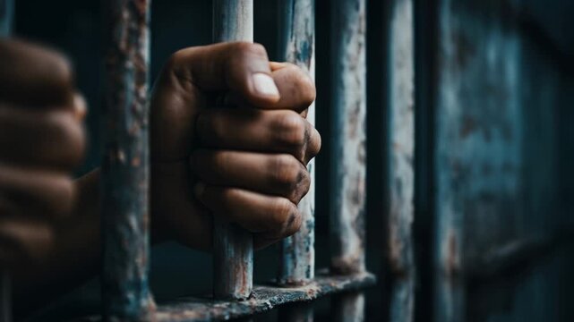 A pair of hands tightly grip rusty metal bars in a dark prison cell, highlighting the feelings of confinement and despair in a challenging environment