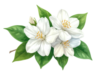 Detailed illustration of a cluster of white flowers with green leaves