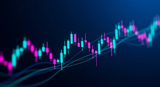 Candlestick financial chart displaying stock market data on dark blue background