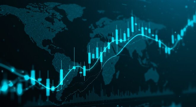 Global stock market chart with glowing candlestick and line graphs over a digital world map background