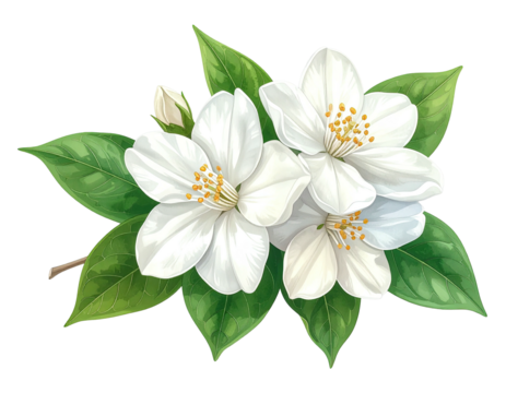 Detailed illustration of a cluster of white flowers with green leaves
