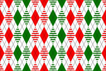 Ugly sweater Merry Christmas Happy New Year illustration knitted background seamless pattern folk style scandinavian ornaments. Wallpaper wrapping paper textile print. White, red, green colors.