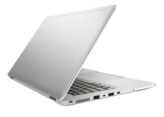 Sleek silver laptop computer with blank open screen and keyboard, ideal for tech, work, business, or remote productivity themes.
