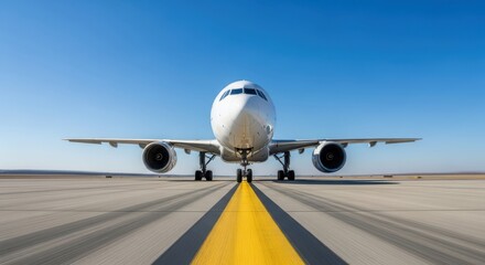 Fototapeta premium Commercial Airliner Taxiing Down Runway Under Clear Blue Sky