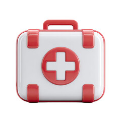 Obraz premium A 3D-rendered red and white first-aid kit, featuring a prominent red cross on its white surface. The case is compact with rounded edges
