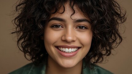 Close up of a young woman with curly hair and a bright smile