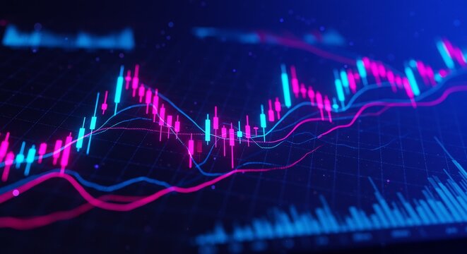 Digital financial stock market chart with glowing neon data lines and candlesticks on a dark blue background - Powered by Adobe