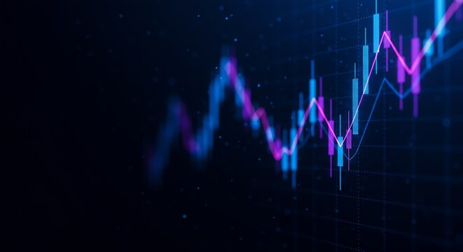 Abstract financial stock market chart with glowing lines and candlesticks on dark blue background