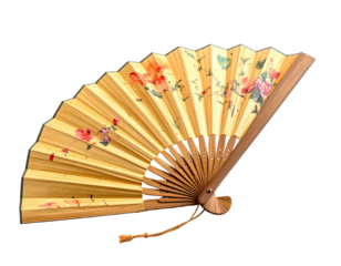 Elegant, hand-held fan with a light beige/tan base, featuring floral and vine patterns in pink, orange, and muted green.  Wooden handle and tassel