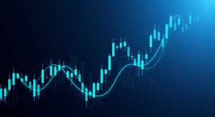 Financial candlestick chart with uptrend and moving average lines on a digital blue background