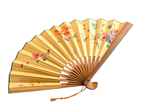 Elegant, hand-held fan with a light beige/tan base, featuring floral and vine patterns in pink, orange, and muted green.  Wooden handle and tassel