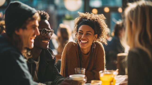 Diverse group of friends laughing over coffee in a sunlit café, candid moment, shallow depth of field, warm color grading